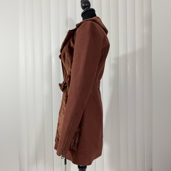 BLANC NOIR Sample Faux Fur Blocked Wool Car Coat Jacket Belted Midi Brown Small - Picture 6 of 12